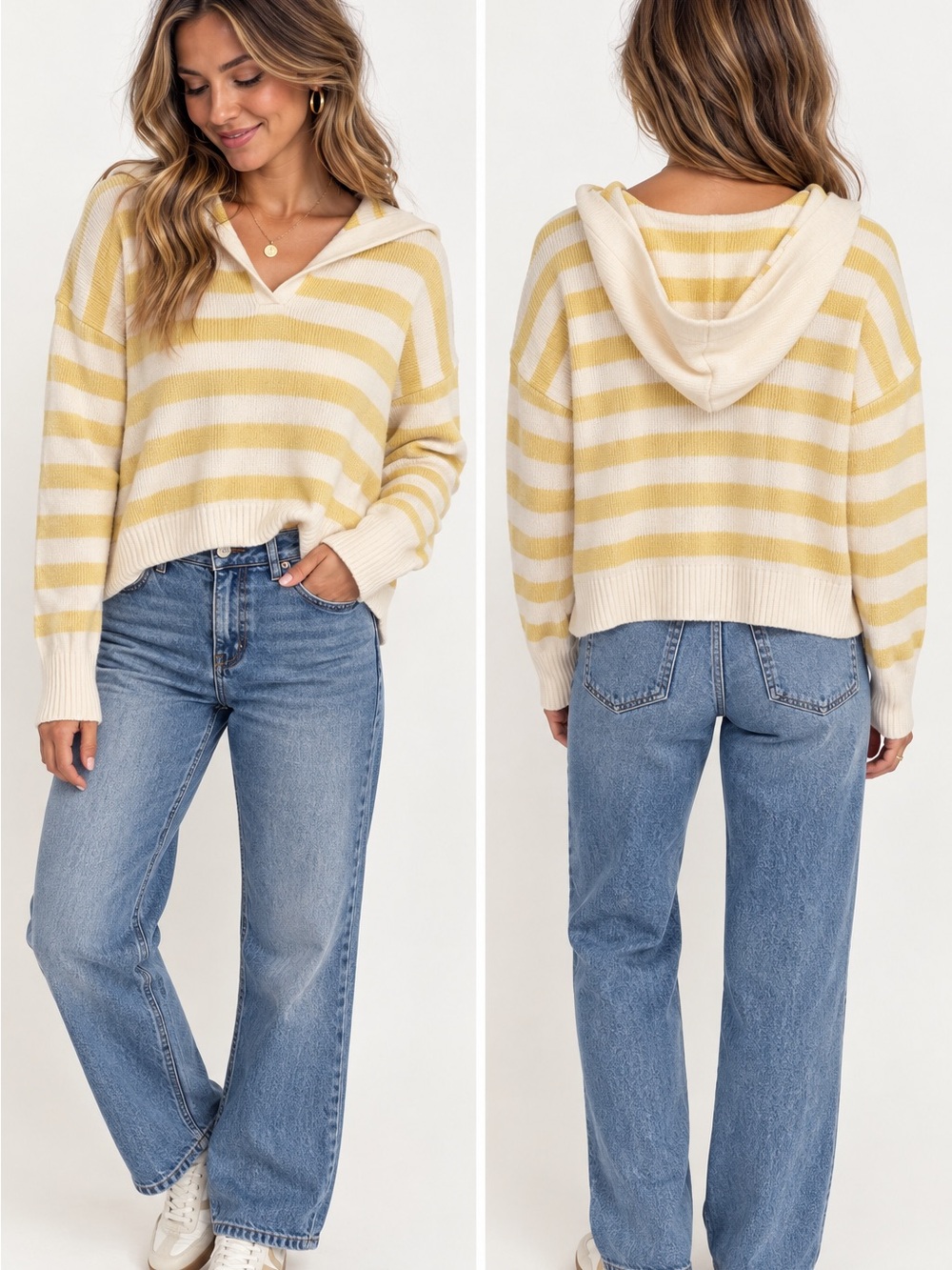 Sincerely Jules Striped Hooded V-Neck Sweater in Cream & Pale Yellow